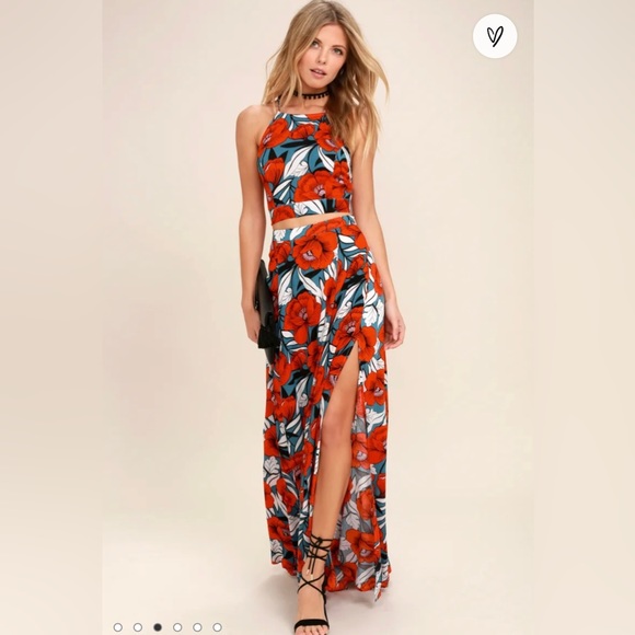 Lulu’s Back to Your Roots Red Floral Print Two-Piece Maxi Dress - Picture 1 of 4